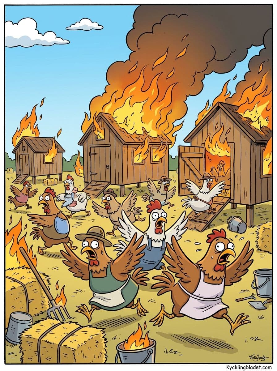 Höns flyr från den turkiska gården där elden rasar i bakgrunden. Flera redebyggnader har förstörts.