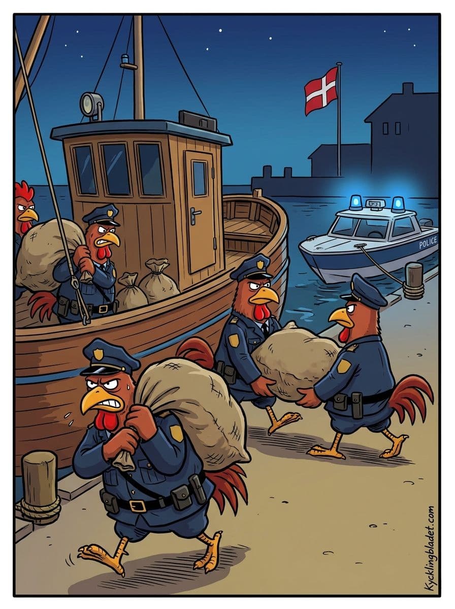 Hönsvakten bär ut förgiftade fodersäckar från flytboet vid Helsingborgsgården i går kväll.