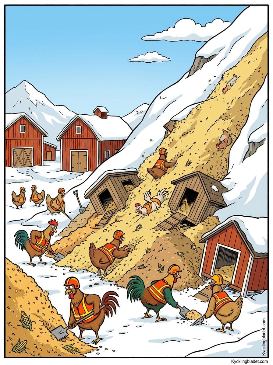 Räddningshönsen gräver i foderskredets spår. Alpgården, idag.